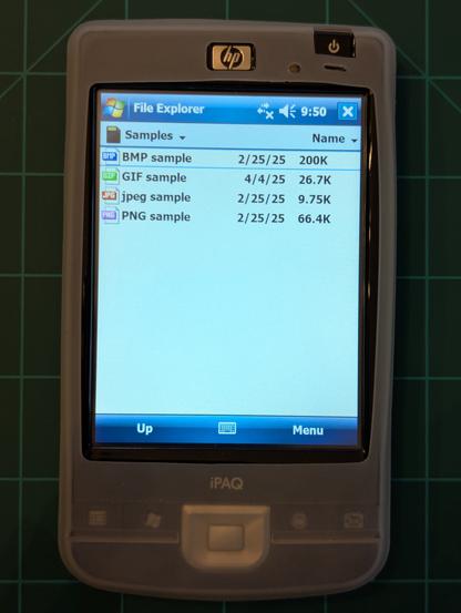 Last but not least is the iPaq 210. This one is running Windows Mobile 6.0 and has a beautiful VGA screen.

It also retains the icons of the previous iPaq.

Every image type is represented by a uniquely descriptive icon. BMP = Blue, GIF = Green, PNG = Purple and JPEG = Red.

I wonder if this was a change unique to the iPaqs?