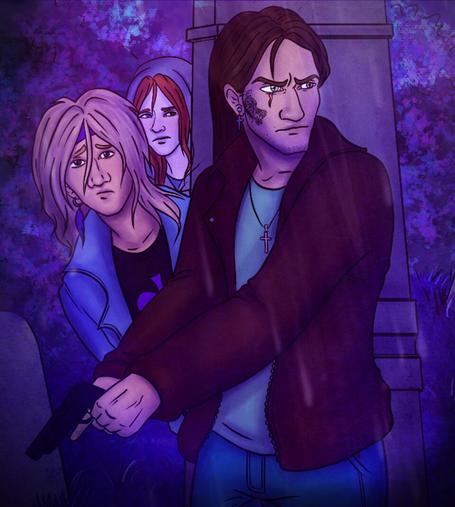 A digital drawing in a semi-realistic style of three people in a cemetery: a young man with long blonde hair wearing a purple feather earring, a young woman with long red hair wearing a grey hoodie and a slightly older man with brown hair and a face tattoo holding a gun.