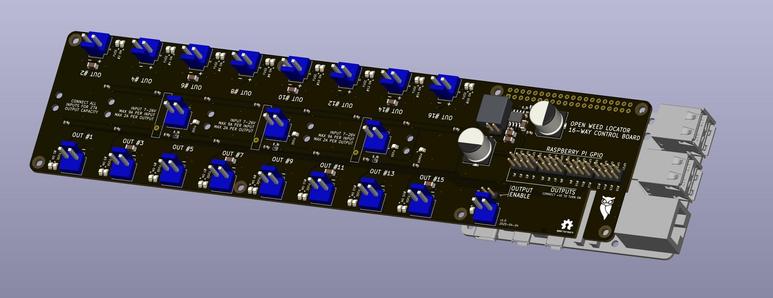A 3D render of a circuit board with 16 outputs, attached to a raspberry pi