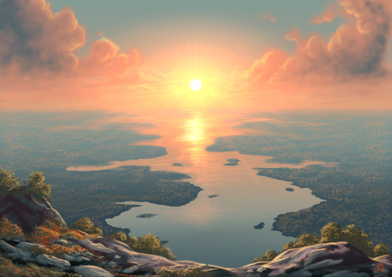 Digital coloured illustration of a bright sunset in the center of yellow, pink and purple clouds extending over an orange to blue river cutting through a bluish-green landscape. In the foreground towards the bottom of the image a cliffside with rocks, random bushes and a speckling of red flowers sits the front facing ledge brightly lit against the setting sun while the rocks behind stay hidden in shadow.