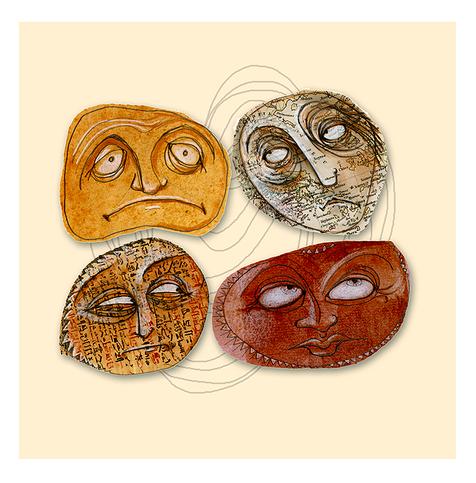 Four faces and expressions, created from combining old paper and pencil.