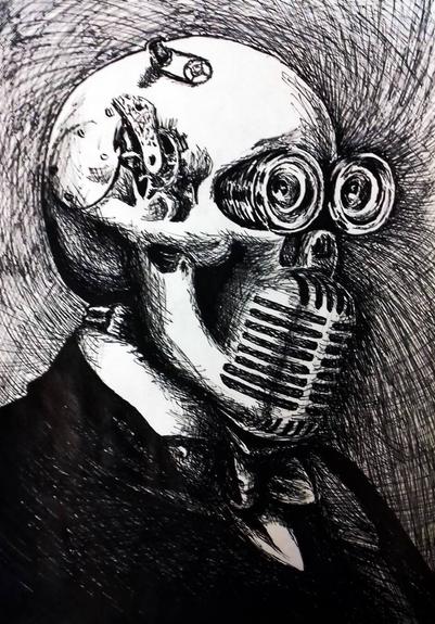 The drawing is in horizontal orientation. It's a portrait of a human-like figure. The head is just a skull without skin or flesh. The back of the head appears to have a metal plate that's bolted onto the bone. The temple has a hole inside that contains a clockwork mechanism. The mechanism appears intricate and ornamented. The top of the head has a couple of cogs that are connected by a chain. Both eye sockets have a long pipe coming out of it. The pipes have lenses at the end. The jaw melds together with what appears like a 50s era microphone. The microphone reaches all the way up to where the nose should be. Instead of a nose, it has something rounded and mechanical looking. The rounded mechanical object has a single hole in the middle of it. The character is wearing a fancy black suit, white shirt and a light bow tie. The character is facing to the right at an angle. The background is made of curved lines. The image is in black and white.