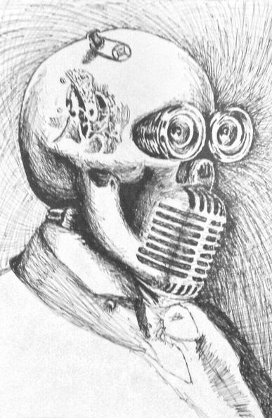 The same image, but only partially drawn. The suit and tie are just outlines. The background is much lighter and the character itself is slightly lighter. All of the details are already present. The head is mostly shaded.