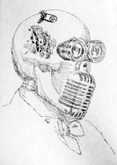 The same image in an earlier form. Its mostly just the outlines. The visual apparatus is somewhat shaded. There are a few shading lines on the skull. There is no background present yet. The suit has just a few lines drawn.
