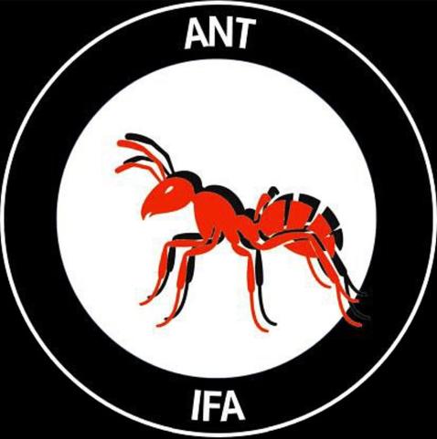 A drawing of a red ant with black shadow, in a circle with ANT written on the top and IFA on the bottom