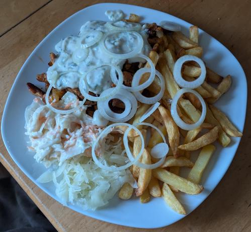Ein weißer flacher Teller belegt mit: Pommes, Zwiebelringen, Weißkraut, Gyrosstreifen und Tzatziki.