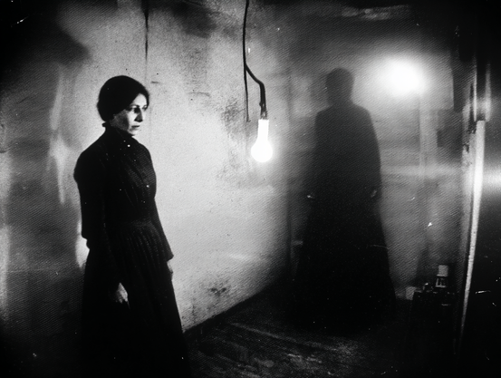 Couloir Fantôme
Scène angoissante en noir et blanc d'une femme figée sous une ampoule nue, avec une silhouette spectrale dans l'ombre.
Disturbing black and white scene of a woman frozen under a bare lightbulb, with a spectral figure lurking in the shadows.
