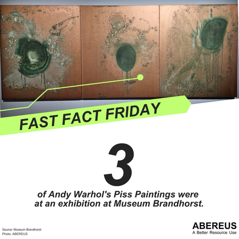 In the upper half of the picture is a photo of the copper and green colored pictures of Andy Warhol. Below is the text "Fast Fact Friday - 3 of Andy Warhol’s Piss Paintings were at an exhibition at the Museum Brandhorst" as well as the logo of ABEREUS.