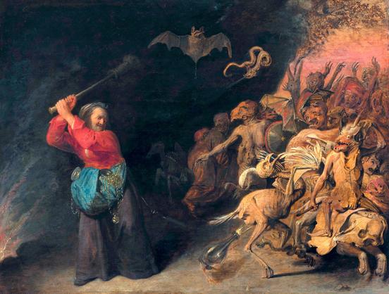 Nom : La « Dulle Griet » entreprend un raid en Enfer
Auteur : David Ryckaert III
Date : ≈ 1651/1659
Type : Huile sur bois de chêne
Source : Musée d’histoire de l’art de Vienne
Cote/Inv. : GG_722
Document : PSI
Commentaire : La 'Dulle Griet' (ou 'Margaret la folle') n'est pas une sorcière mais l'archétype de la femme castratrice, acariâtre et pingre qui n'a peur de rien ni personne, fussent-t-ils le Diable lui-même. On la voit ici pénétrer en Enfer pour récupérer du butin, mettant les démon en fuite en brandissant son balais.
