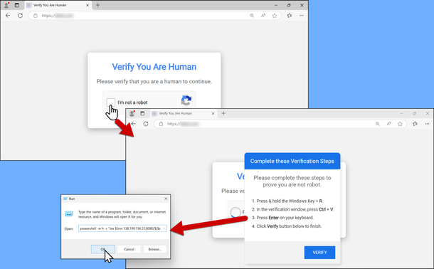 The CAPTCHA style "Verify You Are Human" page hijacks a viewer's clipboard on a vulnerable Windows host, and it asks viewers to paste script (from the clipboard) into a Run window.  This is PowerShell script that is designed to infect a Windows host with malware.