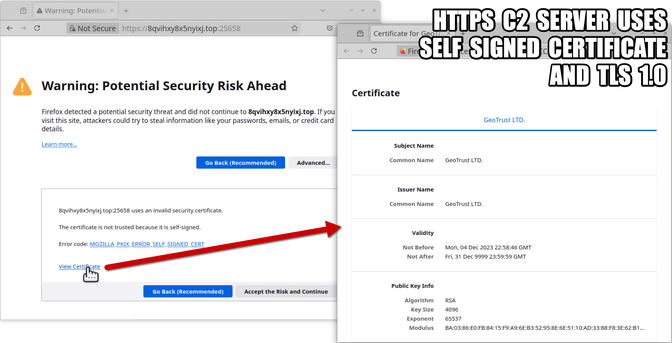 Self-signed certificate seen on the C2 server for post-infection traffic using HTTPS TSLv1.0.