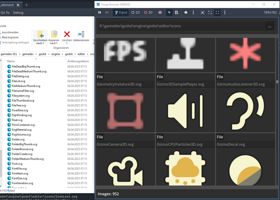 **TL;DR:** Screenshot shows a Windows file explorer and the Godot engine's debug image browser with SVG icons loaded from the Godot editor.

**Extracted text:**
- File list (left side):
  - FileDeadBigThumb.svg
  - FileDeadMediumThumb.svg
  - FileDialog.svg
  - FileList.svg
  - FileMediumThumb.svg
  - FilenameFilter.svg
  - Filesystem.svg
  - FileThumbnail.svg
  - FileTree.svg
  - FixedSize.svg
etc....

- Image Browser window (right side):
  - Path: `K:\gamedev\godot\engine\godot\editor\icons`
  - Icons: FPS, joystick base, red asterisk/star, speaker, ear, stylized camera, particles, and a circular half-yellow design.
  - Files shown: GeometryInstance3D.svg, Gizmo3DSamplePlayer.svg, GizmoAudioListener3D.svg, GizmoCamera3D.svg, GizmoCPUParticles3D.svg, GizmoDecal.svg
  - Image count: 952

**Description for a blind person:**
A screenshot displays two windows. On the left, a Windows file explorer is open to a folder containing many `.svg` files for Godot icons, all timestamped April 4, 2025. On the right, the Godot engine’s debug image browser shows previews of various colorful icons like FPS text, joystick shapes, a speaker, an ear, and abstract graphics. The folder path indicates it's part of Godot’s editor assets.