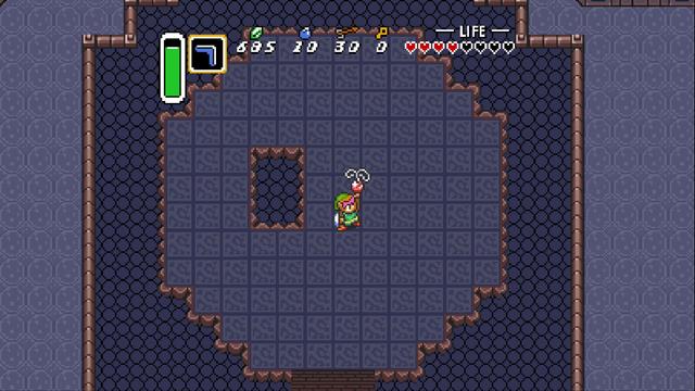In this scene from The Legend of Zelda: A Link to the Past, we see an overhead view of a cave. At the center, our hero, Link, is depicted in first-person perspective, with his sword drawn, ready for battle against the enemies that fill the screen. The cave walls are made of stone, and theres water visible on the ground. In the background, we can see a treasure chest, indicating this might be a dungeon or a room containing important items in the game.