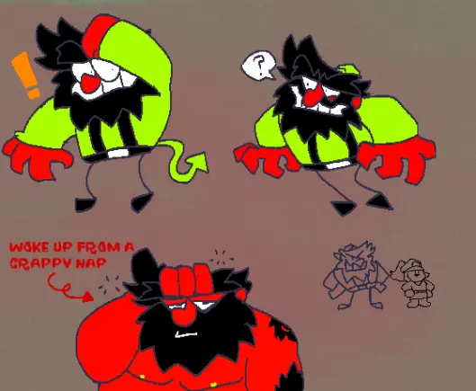 Three colored sketches of Anton from Antonblast, with a very small sketch of Anton and Annalynn drawn small in the right corner. The first one is Anton looking startled that he suddenly has a green devils tail, another is leaning forward, confused. The last one is shirtless, with a hand on his head. An arrow points to him saying 'woke up from a crappy nap'.
