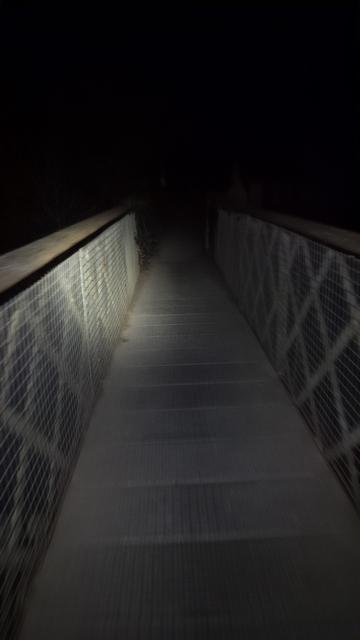 Bridge with metal railings lit by a white light off a head torch. Sky is very black.