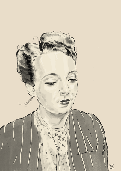 digital black & (off) white pencil & ink sketch of french author, marguerite duras, in her younger days. 
she looks towards the ground to her left, a slight smile on her lips. hair is beautifully swept back & piled atop her head.