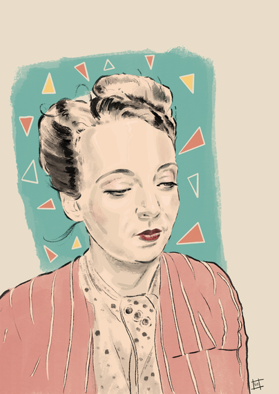 digital pencil & ink sketch of french author, marguerite duras, in her younger days. 
she looks towards the ground to her left, a slight smile on her lips. hair is beautifully swept back & piled atop her head.
there's a block of mid-turquoise behind her & it's decorated with yellow & coral triangles.