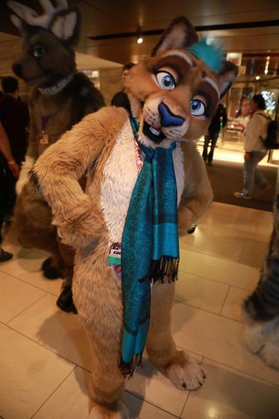 Lioness fursuiter wearing blue scarf