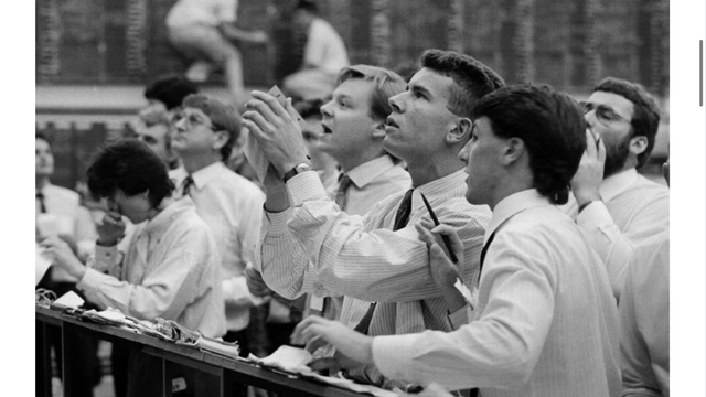 Action on the floor of the Melbourne Stock Exchange, 351 Collins Street on 15 April 1987.