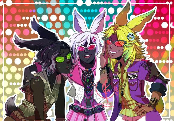 A digital illustration of Erenville, Dancing Green, and my Viera, Xarann, from final fantasy 14. They're all wearing matching glasses. While two are wearing bright colours, Erenville is dressed in his usual earthy tones and lacks the same level of enthusiasm for this entire situation.