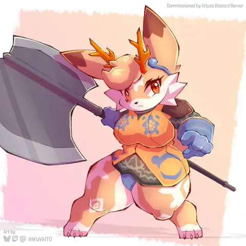 Mascot of the game Atylss. A jackalope-deer-like creature with thick thighs and wielding a giant axe.