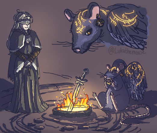 Drawing of a giant rat with wings and a lady with long hair wearing dark robes and an eye mask both in front of a burning fire. The lady is smiling and the rat is eating a snack. Above this drawing is a close up on the rat, he has glowy runes on his head and wing, and a large round earring.