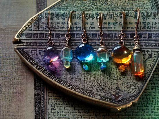 A set of glowing colorful glass gemstone charms on copper wire loops, displayed on a textured antique paper background.