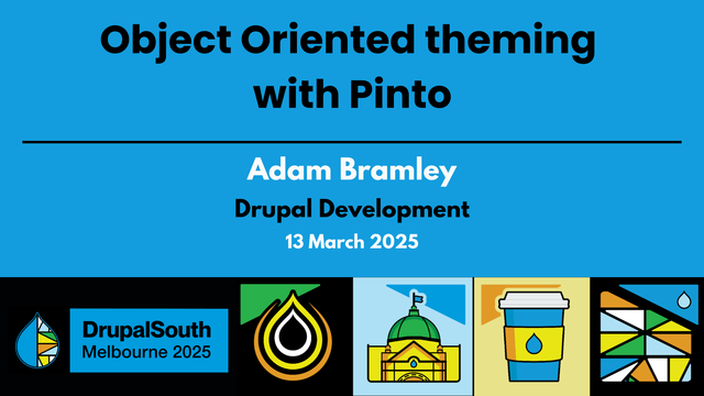🎥 Video published
Object Oriented theming with Pinto [Lightning talk] / Drupal Development / Adam Bramley
https://youtu.be/dnBKvq9dbb8

DrupalSouth Melbourne 2025 conference 
13 March 2025