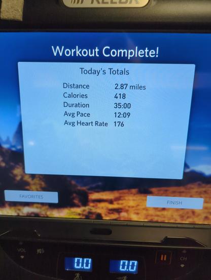 a treadmill screen showing the results of a set of simulated hill sprints. 2.87 miles, 418 calories, 35 minutes, average pace 12:09, avg heart rate 176