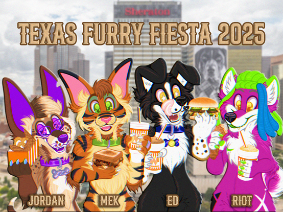 A convention door room sign drawing. It features four furry characters holding WhatABurger food and drink items, with the Dallas Sheraton hotel in the background.
