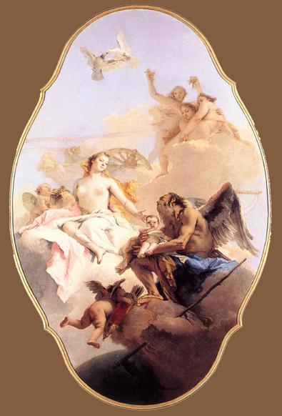 The image depicts a late baroque painting with an oval frame, featuringVenus seated on a cloud, draped in a white and pink cloth. She has long, flowing hair and is surrounded by various mythological figures. To her left, a winged male figure , perhps representing Time, holds a baby, while a cherub with wings and a bow is positioned below them. In the background, two white doves fly, and other figures, including cherubs, are present, some holding flowers. The scene is set against a soft, pastel-colored sky with clouds, creating a heavenly atmosphere. 

Provided by @altbot, edited by @jemmesedi