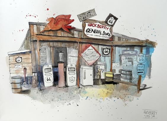 Sketch of an old gas station on Route 66