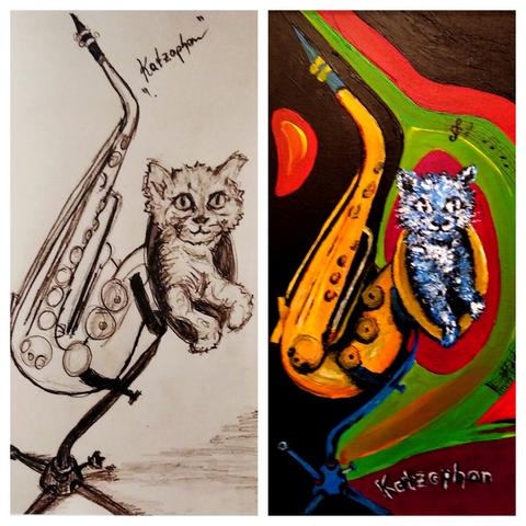Das zweigeteilte Bild zeigt eine Bleistift-Zeichnung (links) und das gleiche Motiv als buntes Gemälde (rechts): ein Saxophon, aus dessen großer Öffnung gerade ein kleines Kätzchen heraus krabbelnt. Handschriftlich steht dabei "Katzophon".