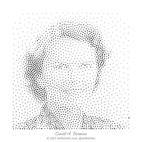 The image, based on a photograph, is made from 1919 stippled X's. The size, crossing angle, and arm dimensions of each X is related to the original photo’s brightness and local gradient. The use of the X symbol celebrates her work on Hilbert's tenth problem and the common use of the X symbol for an unknown variable.