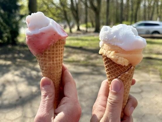 Zwei Hände, die je ein Eis im Hörnchen in die Luft halten. Im Hintergrund ein Park und ein Auto.