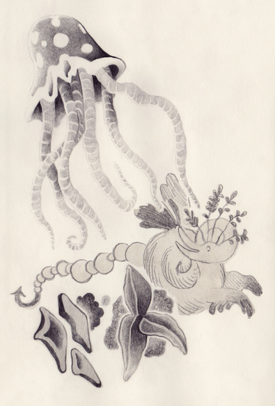 Cropped section of a sketchbook page. It has pencil and ink wash sketches of a jellyfish-like beast, a creature made of miscellaneous parts, and other organic shapes.