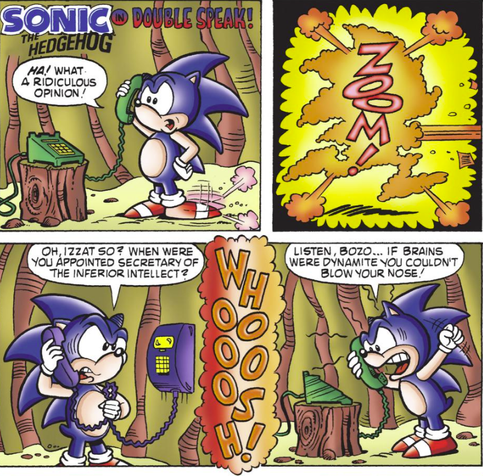 A small snippet of one of the comic's strips called "Sonic the Hedgehog in Double Speak!" (Issue 3). Here, Sonic is arguing with multiple people on the phone (including himself) for what he perceives as "inferior" opinions.