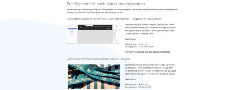 Liste mit Beiträgen (Abfrage Block) sortiert nach Aktualisierungsdatum