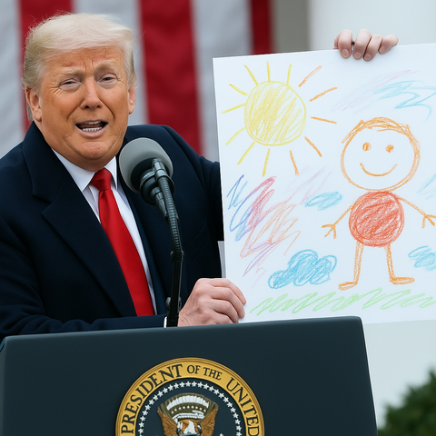 Donald Trump gestures proudly towards his toddler crayon drawing from a podium