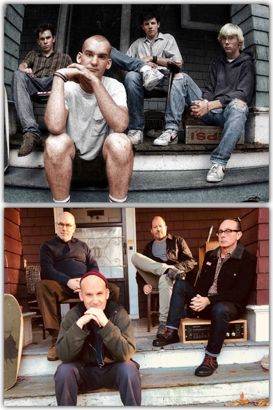 2 photos of Minor Threat: the iconic photo from 1983 of the band sitting on the front porch of Dischord House and below it, one of its many recreations, this one from 2018.