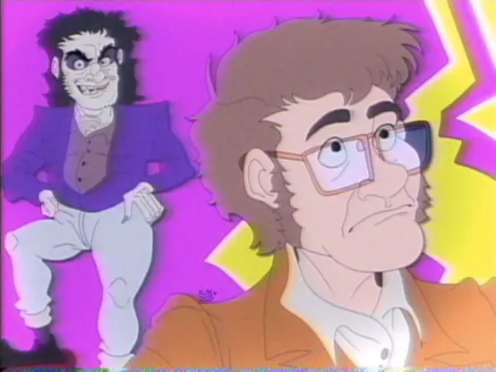 A fake cartoon screenshot with a hot pink background with yellow streaks across on the right side. Two characters in the picture side by side, the other is Mr. Hyde and the other Dr. Jekyll. Hyde has a black mullet, a purple jacket with sharp shoulder pads and light denim jeans. Jekyll has light brown hair with sideburns, a white buttoned shirt and an orange jacket. Hyde is fully seen in the image, but Jekyll is only visible from chest up.