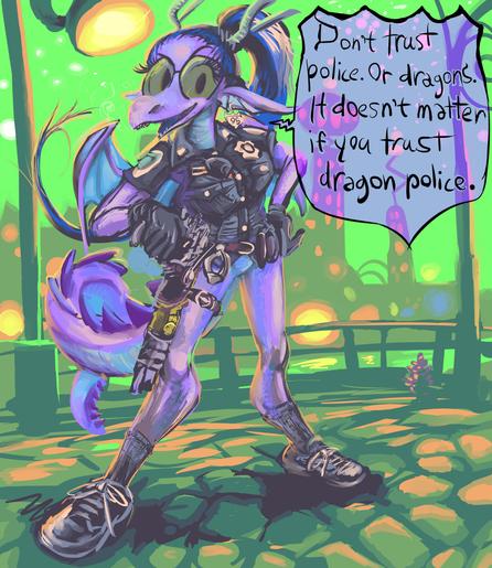 anthropomorphic dragon person wearing police type garb but no trousers, seemingly brandishing a strange gun like weapon, in a greenish harbor type location, appears beside dialog stating "Don't trust police. Or dragons. It doesn't matter if you trust dragon police."