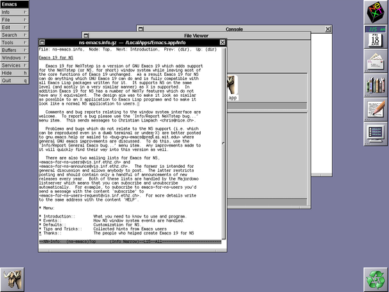 Emacs 19 running on OPENSTEP 4.2, displaying the emacs info manual about Emacs 19 for NS.