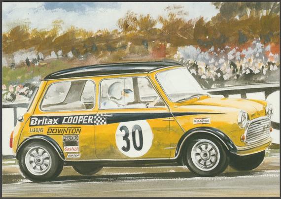 Printed colour postcard showing an illustration of Steve Neal driving the Britax Mini Cooper in the 1969 British Saloon Car Championship.

Published by Golden Era, No 3.

Postally unused.

Excellent condition.