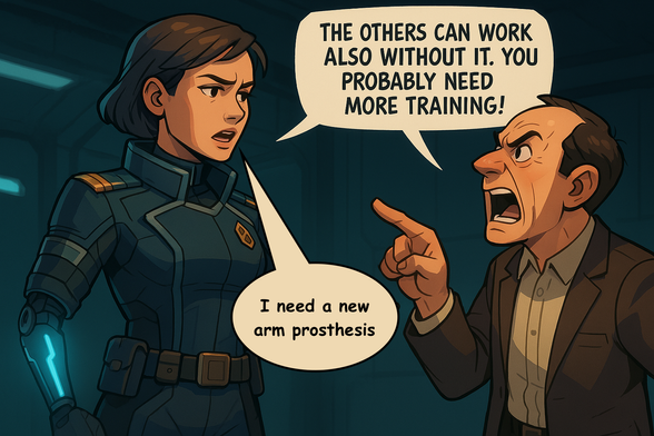 A soldier ask for a new arm prothesis and the boss is just screaming that other soldiers can even work without such and advises the soldier to make some more training