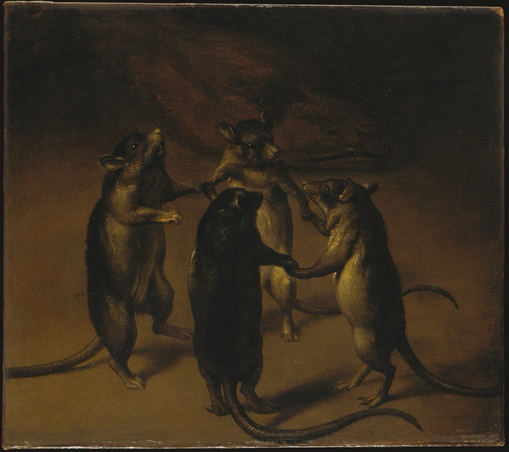 “ABOUT THE WORK “When the cat’s away, the mice will play.” This proverb seems to be illustrated by the four comical rats dancing ring-a-ring-o’-roses. The brown shape in the background, which resembles the head of a fish or monster, helps to solve the puzzle. It is the fragment of a carved table base and reveals that the painting was cut out of a larger canvas. Scenes of animals parodying human behaviour are frequently encountered in Flemish painting. In that context, mice and rats are generally associated with vices such as drunkenness and gluttony.”