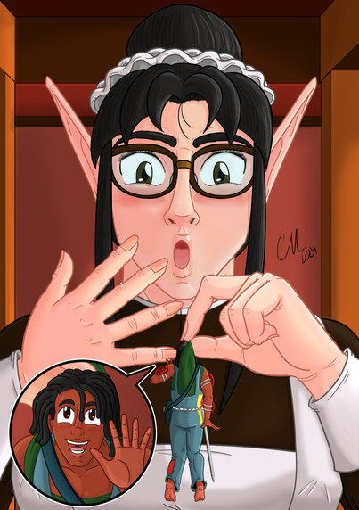 Una ilustración presentando a Lenariel y Ellie. Lena es una elfa de piel clara, pelo oscuro, recogido en un moño, con gafas y vestida como una doncella de la era victoriana. Ellie es una incursora de unos 15 centímetros de piel de un marrón oscuro, pelo negro en trenzas, y vistiendo un peto azul con camiseta verde y un alfiler a modo de espada. Lena está sujetando a Ellie por la camiseta y está sonrojada mientras se lleva una mano a la boca, mientras Ellie la saluda, también ruborizándose.

An illustration introducing both Lenariel and Ellie. Lena is an elf, she's got pale skin, raven hair in a bun, and is dressed as a Victorian maid. Ellie is a 6 inches tall borrower with dark brown skin, black hair in locks, and is wearing blue overalls with a green T-shirt and carries a pin as a sword. Lena has picked Ellie from ther T-shirt and is blushing, as she's taking her free hand to her mouth, while Ellie, who's also blushing, is waving at her.