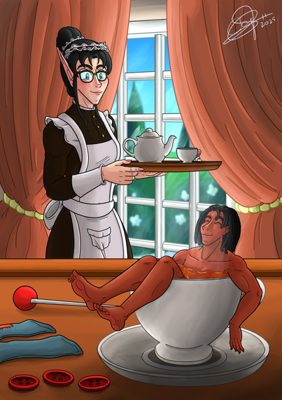 Ilustración a color del interior de una de tantas habitaciones de una mansión, con un ventanal que da a un jardín, donde se muestra a Lenariel (una elfa con gafas y el pelo negro recogido en un moño, vestida de doncella victoriana) al fondo mientras mira a Ellie (una mujer de piel oscura con rastas, de unos 15 centímetros de altura), que está en primer plano. Lena lleva una bandeja con una tetera y una taza de té. Mientras, Ellie, que se ha desnudado, se está tomando un baño en una taza llena de té calentito, aunque no cabe entera y su cabeza, sus brazos y sus piernas sobresalen. Lena está sonrojándose mientras mira a Ellie.

Color illustration of the interior of one of many rooms in a manor, with a large window showing a garden, where Lenariel (an elf wearing glasses, her raven hair in a bun, and dressed as a Victorian maid) is in the background while she looks at Ellie (a 6-inch tall woman with dark hair and dreadlocks), who's in the foreground. Lena is carrying a tray with a teapot and a teacup. In the meantime, Ellie, who's naked, is taking a bath in a cup full of hot tea, but since she doesn't fit, her head, arms and legs stick out. Lena is blushing while looking at Ellie.