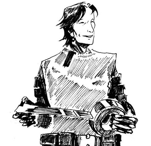 Half-body black and white drawing of a character unfrolling tape