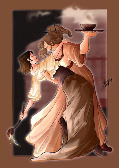 Imagen de Sally y Milly, taberneras del cómic de Lightbringer. Ambas están una frente a otra, en una pose en donde parecen bailar. Uno de sus brazos agarra a la otra, y con la mano libre llevan utensilios de taberna: Sally un cucharón y Milly una bandeja con un cuenco humeante